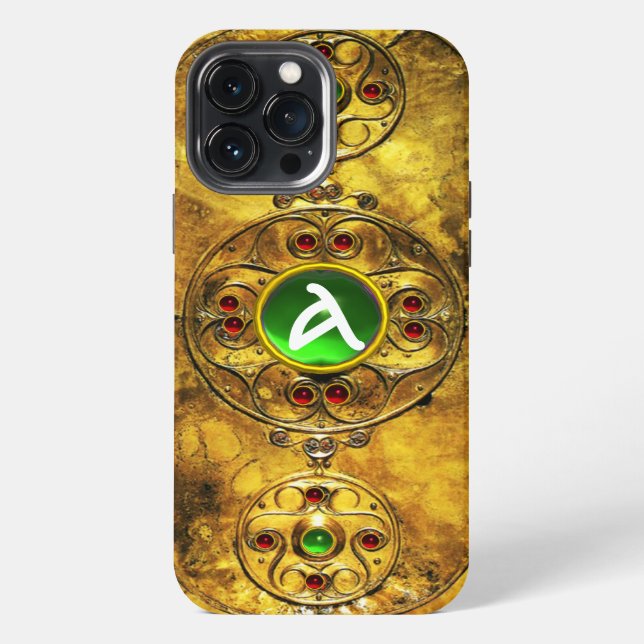 CELTIC WARRIOR SHIELD EMERALD RUBY GEM  MONOGRAM iPhone CASE (Back)