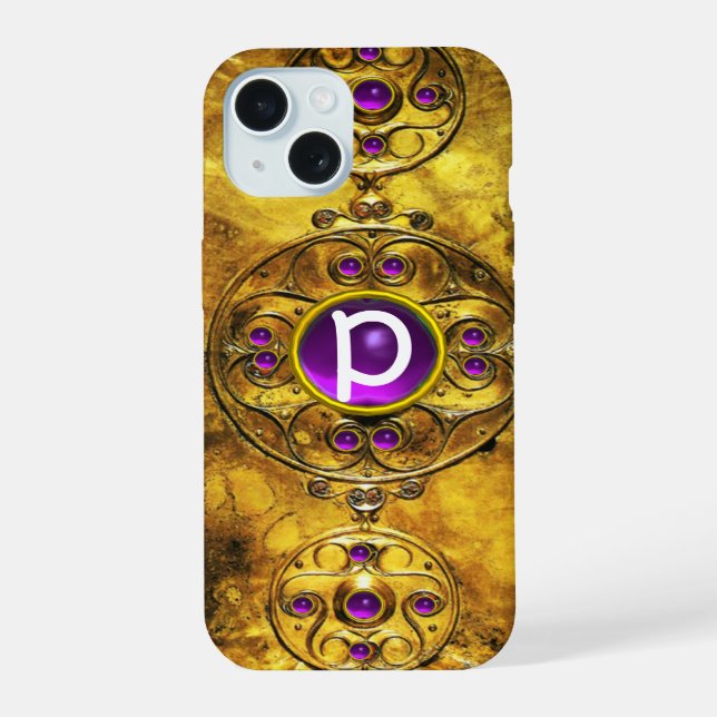 CELTIC WARRIOR SHIELD PURPLE AMETHYST GEM MONOGRAM iPhone 15 CASE (Back)