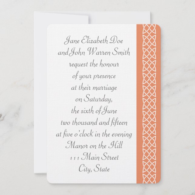 Celtic Weave Hearts in Coral Wedding Invitation (Front)