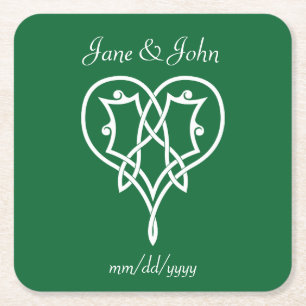 Celtic Weave Hearts in Green Paper Coaster