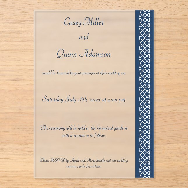 Celtic Weave Hearts in Navy Acrylic Wedding  Invitations (Front)