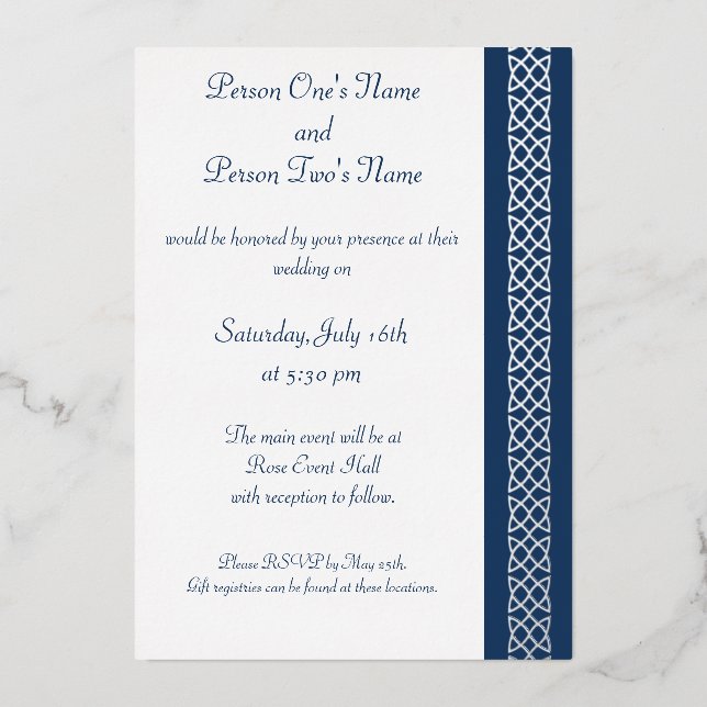 Celtic Weave Hearts in Navy Foil Invitation (Front)