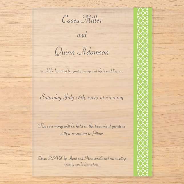 Celtic Weave Hearts in Peridot Acrylic Wedding  Invitations (Front)