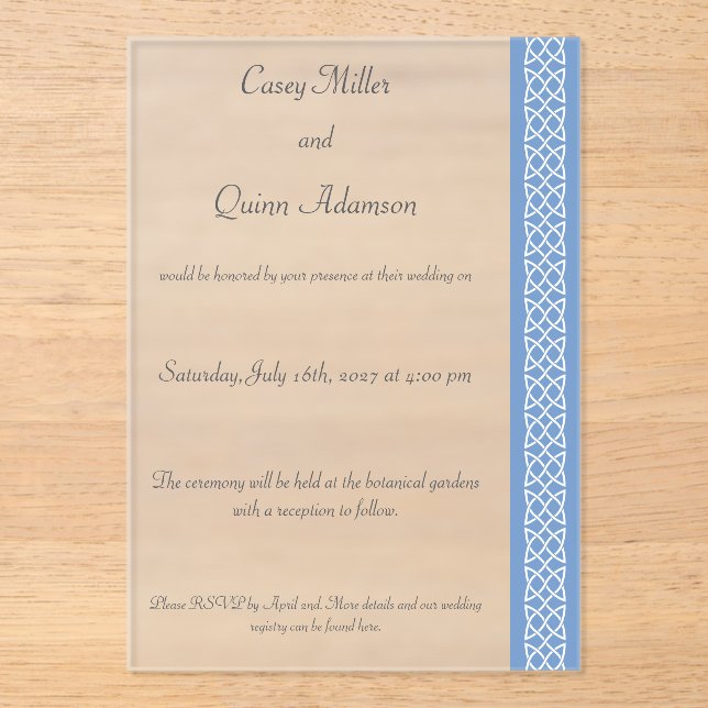 Celtic Weave Hearts in Periwinkle Acrylic Wedding  Invitations (Front)