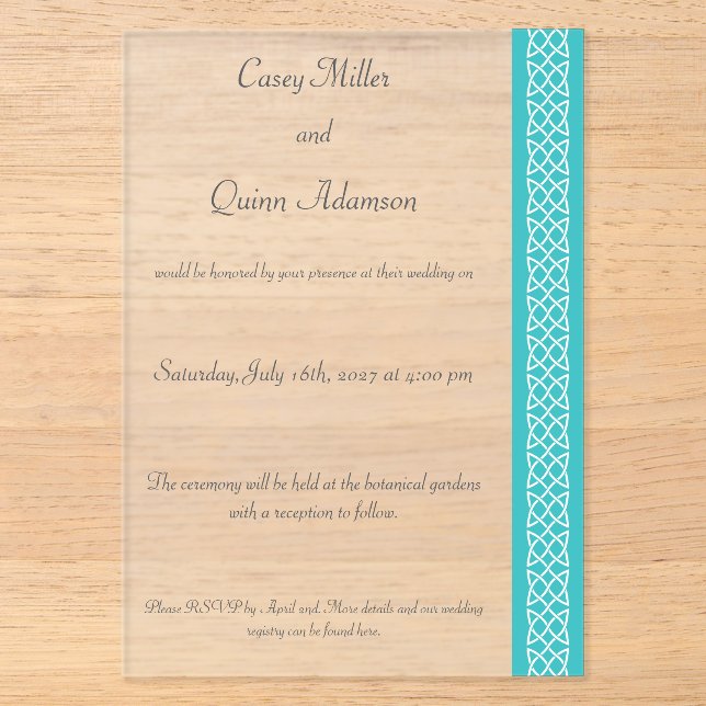 Celtic Weave Hearts in Turquoise Acrylic Wedding  Invitations (Front)
