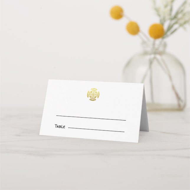 Celtic Wedding Faux Gold Celtic Knot Cross Place Card (Front)