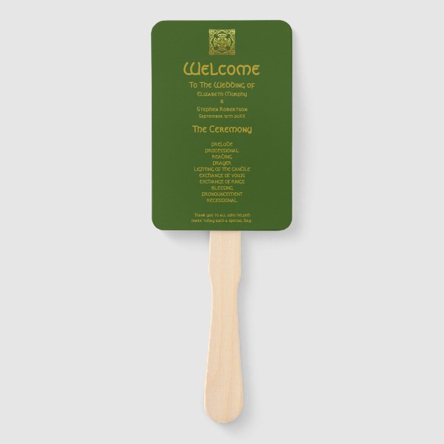 Celtic Wedding Faux Gold |Green Ceremony Program Hand Fan (Front)