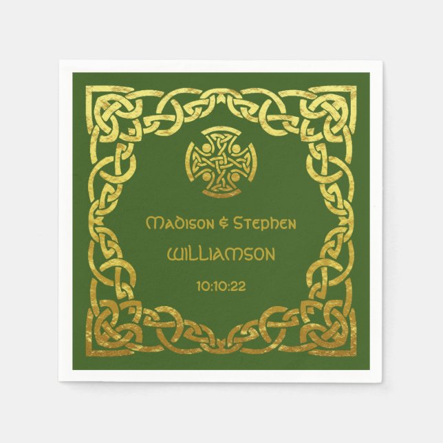 Celtic Wedding Green Faux Gold Personalise Napkin (Front)