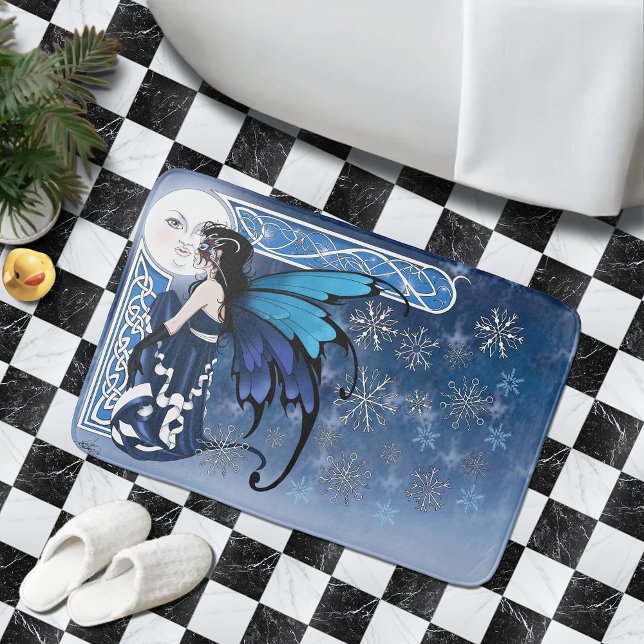 Celtic Winter Moon Fairy Blue Snowflakes Fantasy Bath Mat (Creator Uploaded)