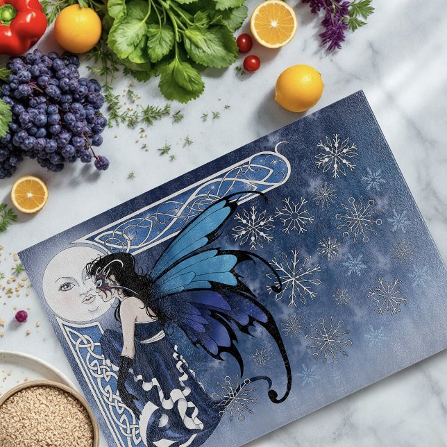 Celtic Winter Moon Fairy Blue Snowflakes Fantasy Cutting Board (Creator Uploaded)