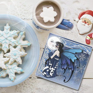 Celtic Winter Moon Fairy Blue Snowflakes Fantasy Glass Coaster