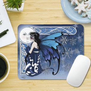 Celtic Winter Moon Fairy Blue Snowflakes Fantasy Mouse Mat