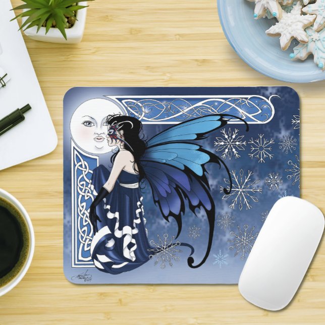 Celtic Winter Moon Fairy Blue Snowflakes Fantasy Mouse Mat (Creator Uploaded)