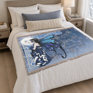 Celtic Winter Moon Fairy Blue Snowflakes Fantasy Throw Blanket