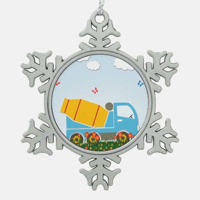 Cement mixer truck snowflake pewter christmas ornament (Front)