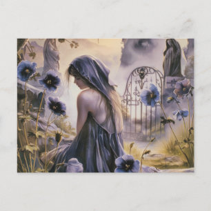 Cemetery Graveyard Blue Floral Beautiful Halloween Holiday Postcard