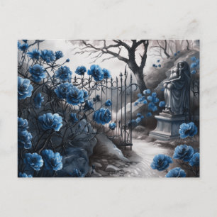 Cemetery Graveyard Blue Floral Beautiful Halloween Holiday Postcard