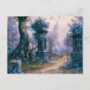 Cemetery Graveyard Blue Floral Beautiful Halloween Holiday Postcard