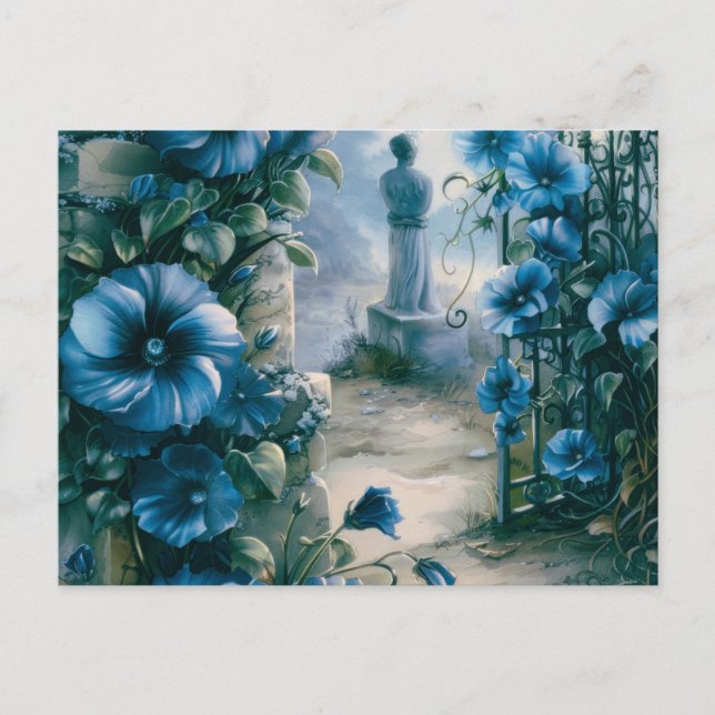 Cemetery Graveyard Blue Floral Beautiful Halloween Holiday Postcard (Front)
