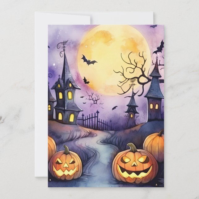 Cemetery Halloween Night Moon Jack O’Lanterns Bats Holiday Card (Front)