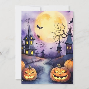 Cemetery Halloween Night Moon Jack O’Lanterns Bats Holiday Card