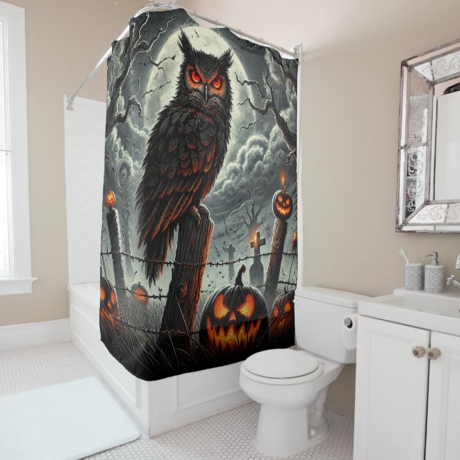Cemetery Night Owl Spooky Szn Glow Halloween Party Shower Curtain (In Situ)