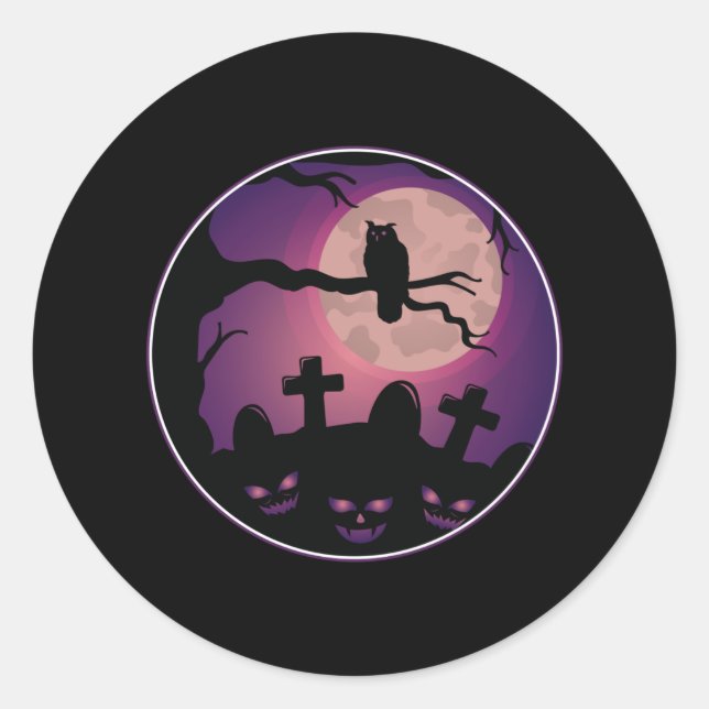 Cemetery Pumpkin Owl Moon Scary Fun Halloween Gift Classic Round Sticker (Front)
