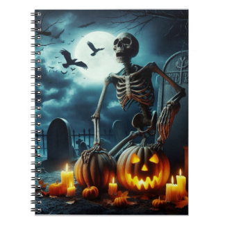 Cemetery, skeleton sitting on a grave. notebook