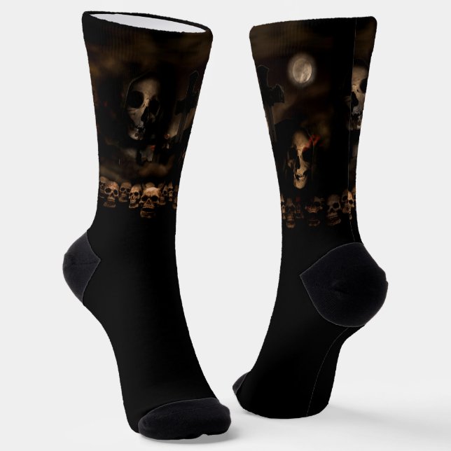 Cemetery Skulls Gothic Halloween Socks (Angled)