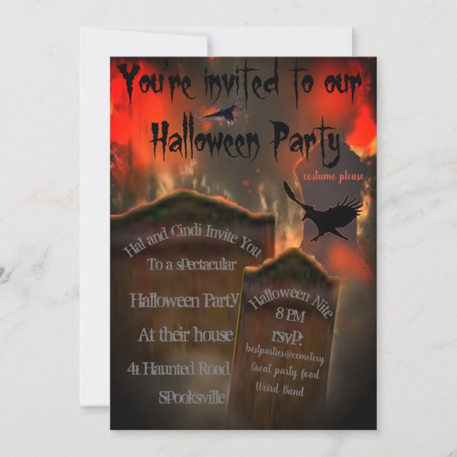 Cemetery Tombstones Blackbird Vulture Misty Spooky Invitation (Front)