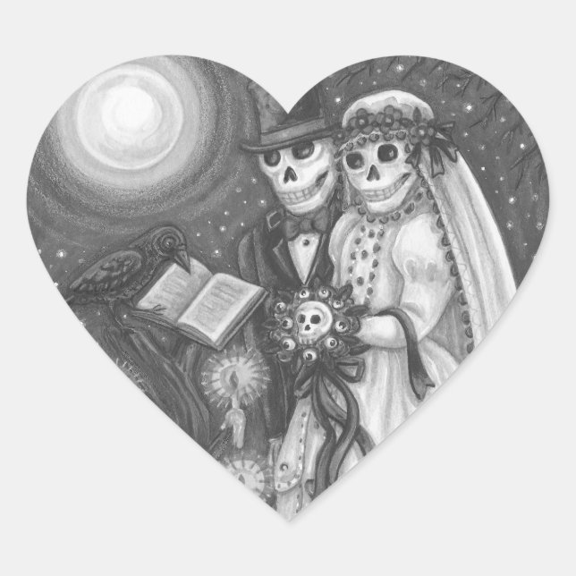 CEMETERY VOWS, SKELETON WEDDING, BRIDE AND GROOM HEART STICKER (Front)