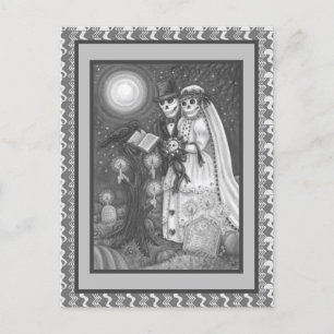 CEMETERY VOWS, SKELETON WEDDING, BRIDE AND GROOM POSTCARD