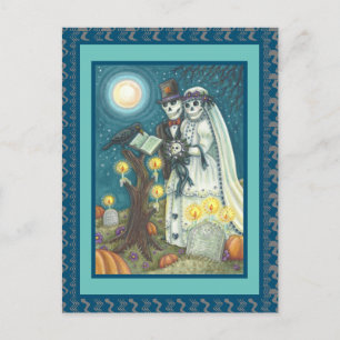 CEMETERY VOWS, SKELETON WEDDING, BRIDE AND GROOM POSTCARD