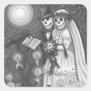 CEMETERY VOWS, SKELETON WEDDING, BRIDE AND GROOM SQUARE STICKER