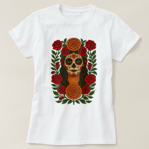 Cempasúchil y Rosas Catrina Mexicana Calavera T-Shirt