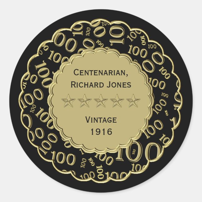 Centenarian 100th Birthday Black and Gold Theme Classic Round Sticker (Front)