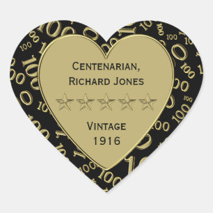 Centenarian 100th Birthday Black and Gold Theme Heart Sticker