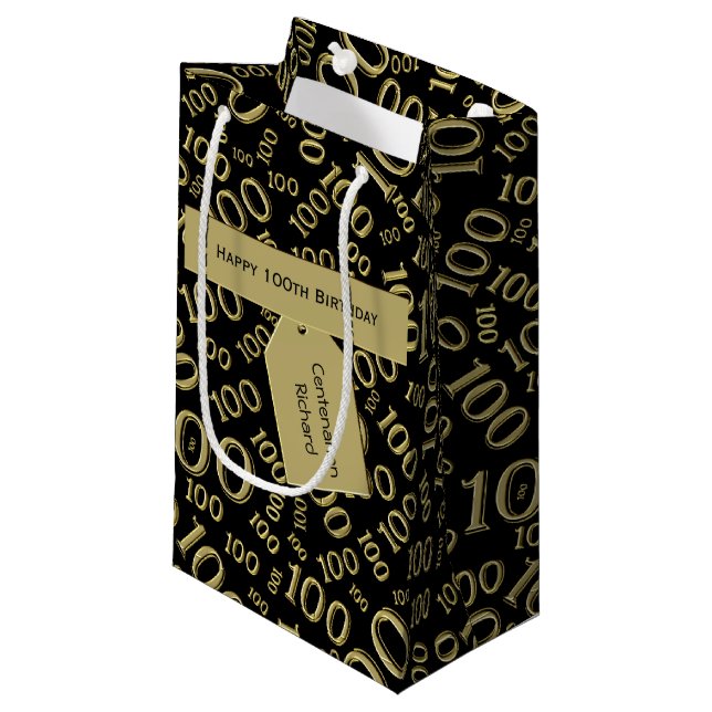 Centenarian 100th Birthday Black/Gold Pattern Small Gift Bag (Front Angled)