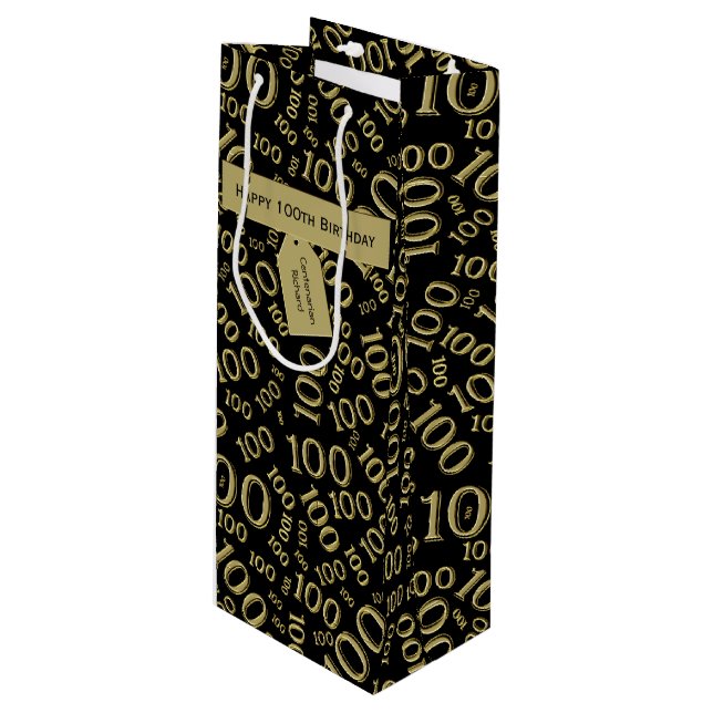 Centenarian 100th Birthday Black Number Pattern Wine Gift Bag (Front Angled)