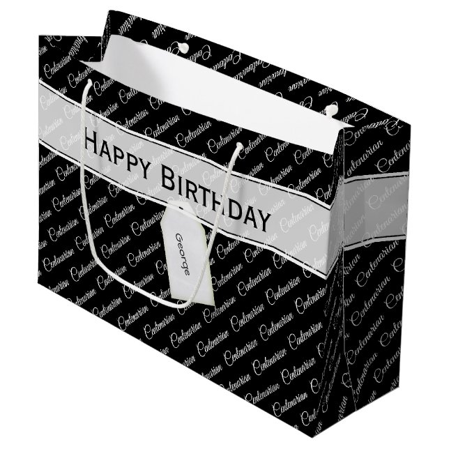 Centenarian Black/White Typography Pattern - 100th Large Gift Bag (Front Angled)