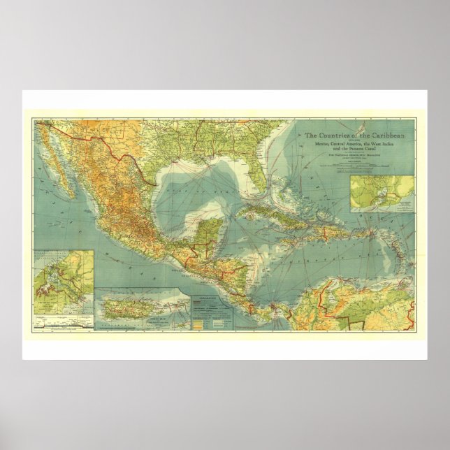 " Central America/Caribbean: 1922 Detailed MAP ... Poster (Front)