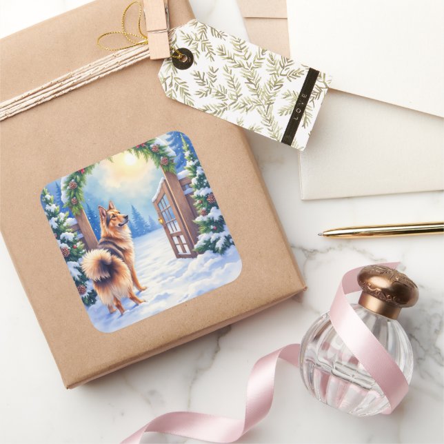 Central Asian Shepherd Snowy Gate Christmas Art Square Sticker (Gifting)