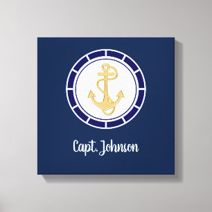 Central Golden Anchor Navy Blue Nautical Canvas Print