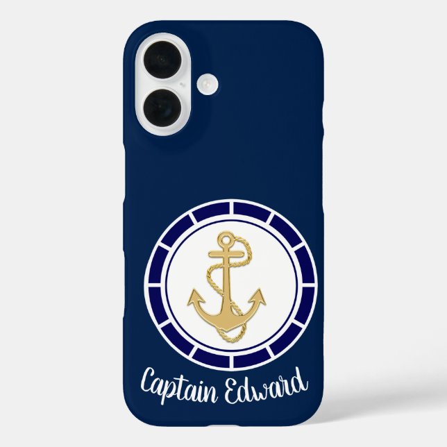 Central Golden Anchor Navy Blue Nautical Case-Mate iPhone Case (Back)