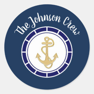 Central Golden Anchor Navy Blue Nautical Classic Round Sticker