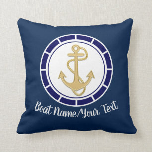 Central Golden Anchor Navy Blue Nautical Cushion