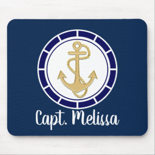 Central Golden Anchor Navy Blue Nautical Mouse Mat