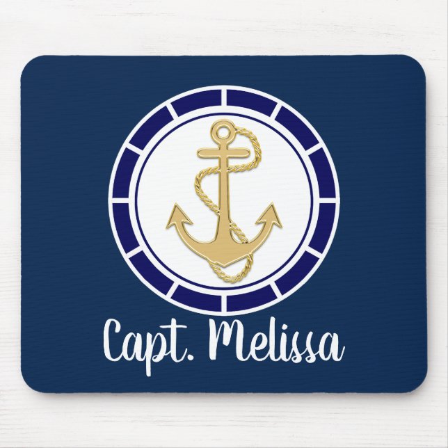 Central Golden Anchor Navy Blue Nautical Mouse Mat (Front)