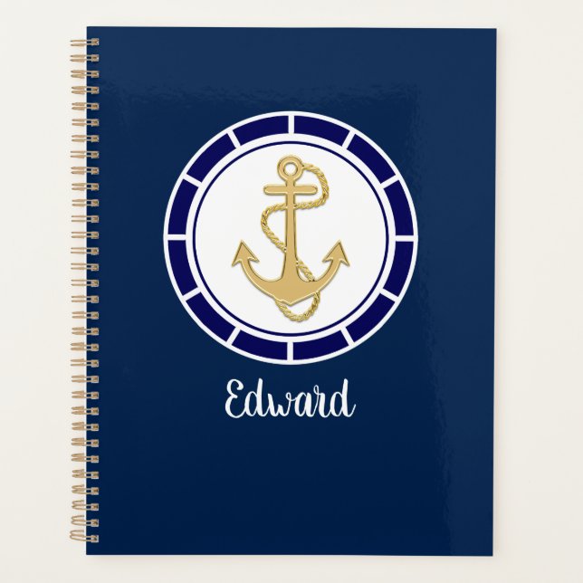 Central Golden Anchor Navy Blue Nautical Planner (Front)