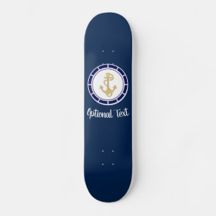 Central Golden Anchor Navy Blue Nautical Skateboard